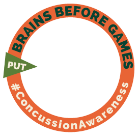 Orange circle with words Put Brains Before Games #ConcussionAwareness